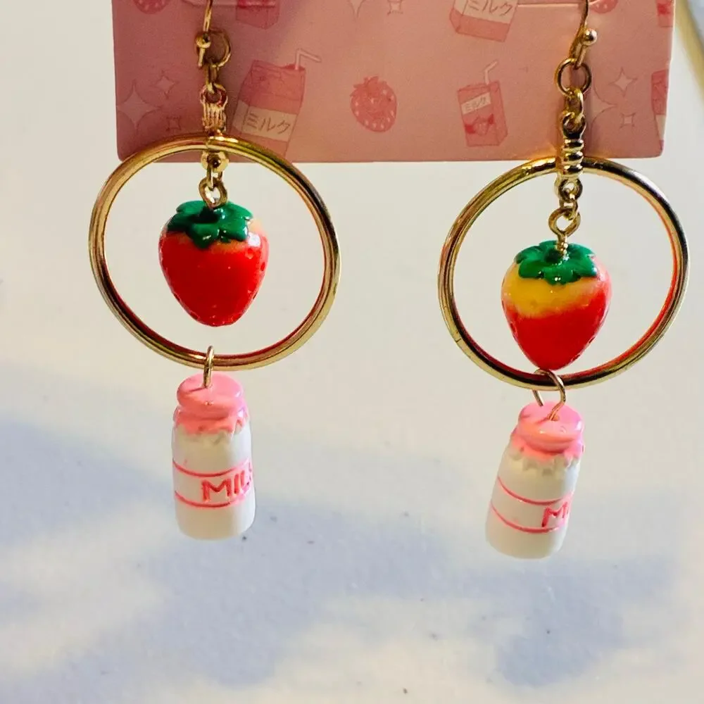 Kawaii Strawberry Milk Bottle Lolita Earrings Cute Pastel Harajuku Cottagecore